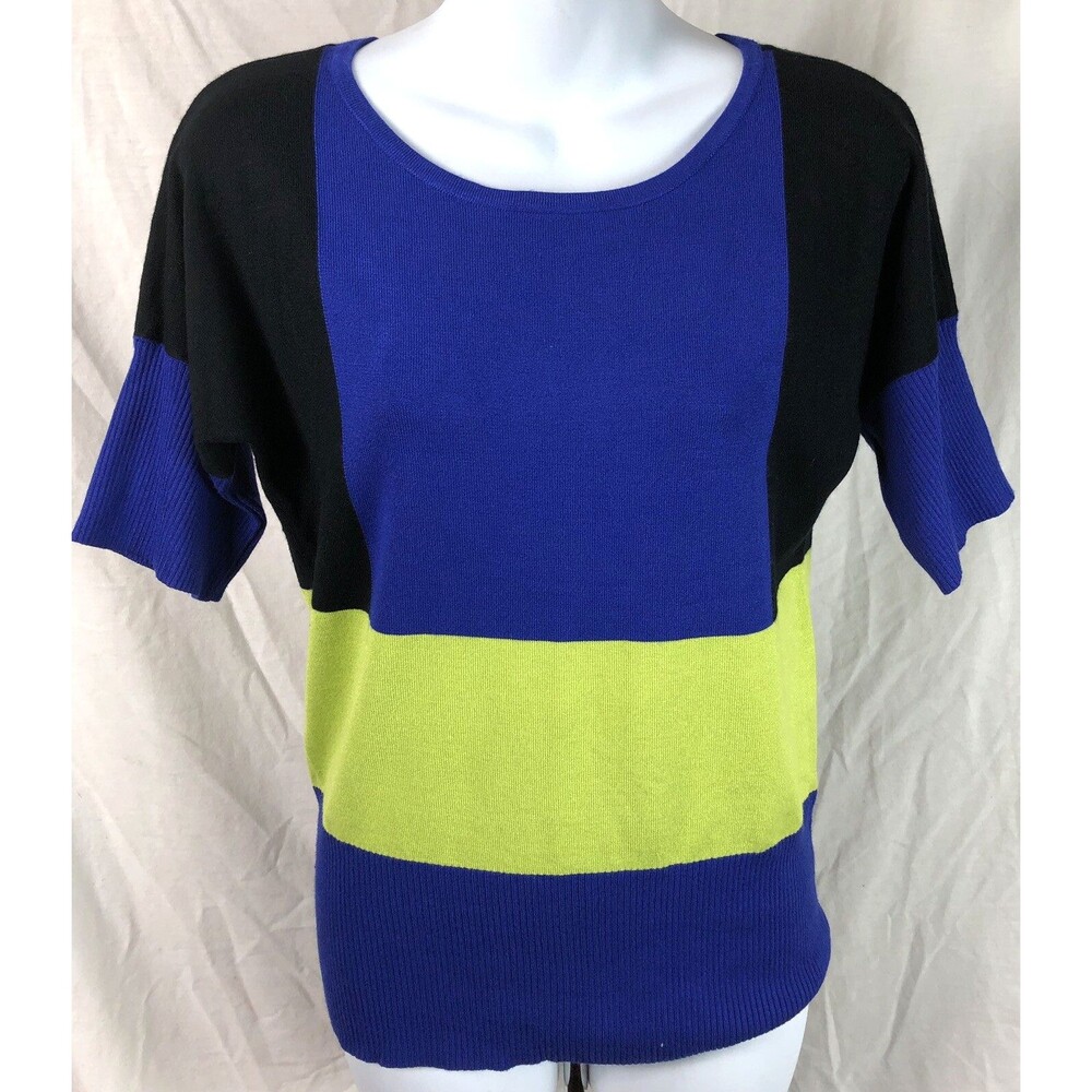 Cable & Gauge Knit Sweater M Purple Color Block Scoop Neck Short Sleeve